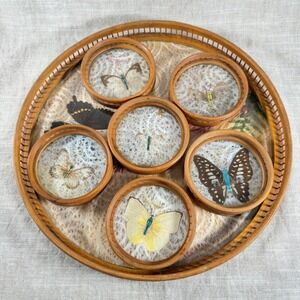 Vintage Butterfly Coaster Set Wood Rattan Tray Nature Cottage Decor